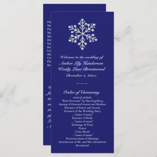 Winter Snowflake Wedding Programme Programmakaart (Voorkant / Achterkant)