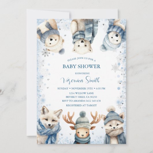 Winter Snowflake Woodland Animals Baby Shower Kaart (Voorkant)