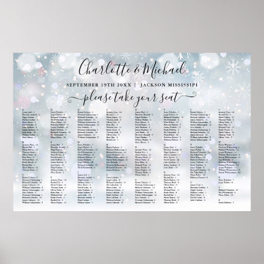 Winter Snowflakes 300 Names Wedding Seating Chart Poster (Voorkant)