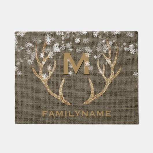Winter Snowflakes Antlers Rustige Burlap Monogram Deurmat (Voorkant)