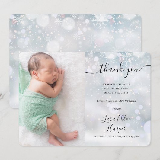 Winter Snowflakes Baby Foto: Dank je geboorte Aankondiging (Voorkant / Achterkant)