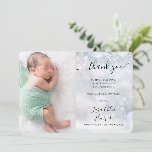 Winter Snowflakes Baby Foto: Dank je geboorte Aankondiging (Staand voorkant)