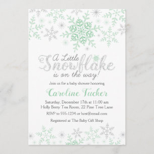 Winter Snowflakes Baby shower Mint Green & Silver Kaart