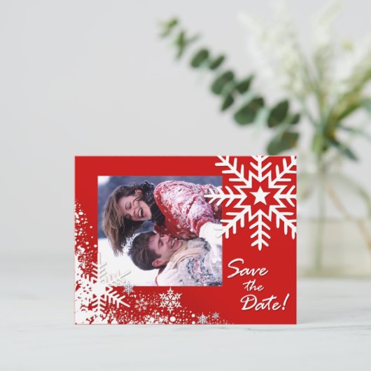Winter Snowflakes Bewaar de datum (rood) Foto Aankondigingskaart (Staand voorkant)