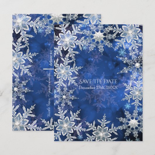 Winter Snowflakes Blue Holiday Party Save the Date Aankondigingskaart (Voorkant / Achterkant)