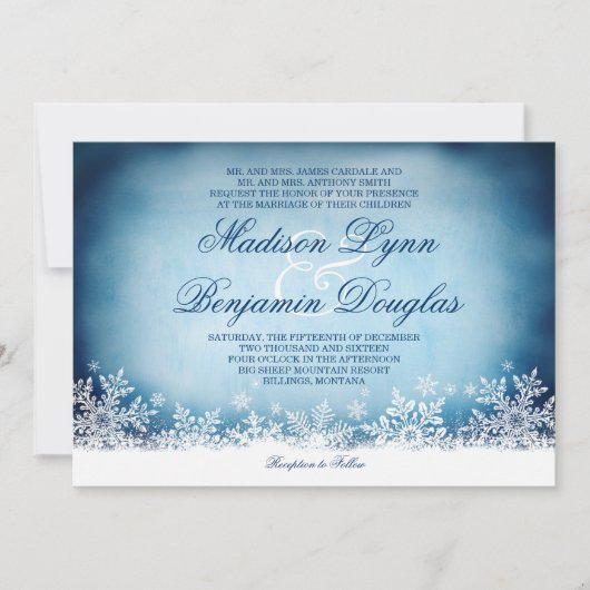 Winter Snowflakes Blue Holiday Wedding Invitations Kaart (Voorkant)