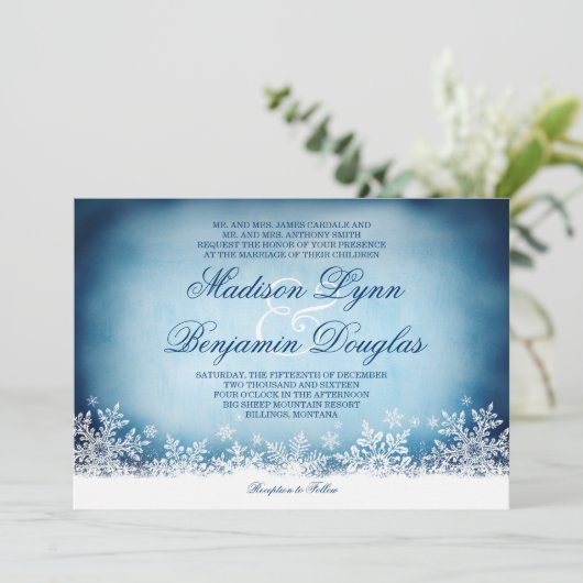Winter Snowflakes Blue Holiday Wedding Invitations Kaart (Staand voorkant)