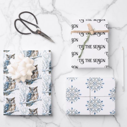 Winter Snowflakes Blue Owl Christmas Snow Inpakpapier Vel (Voorkant)