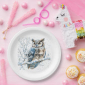 Winter Snowflakes Blue Owl Christmas Snow Papieren Bordje (Feest)