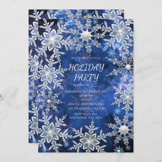 Winter Snowflakes Blue Vakantie Uitnodigingen (Voorkant / Achterkant)