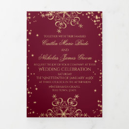 Winter Snowflakes Burgundy en Gold Sparkle Drieluik Kaart