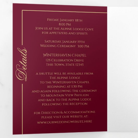 Winter Snowflakes Burgundy en Gold Sparkle Drieluik Kaart (Binnenzijde eerst)