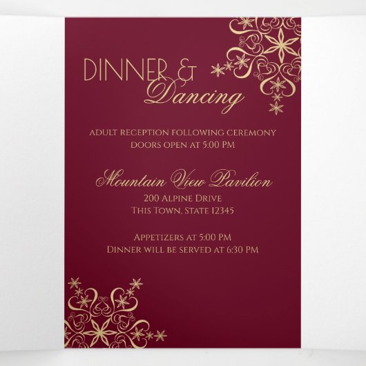 Winter Snowflakes Burgundy en Gold Sparkle Drieluik Kaart (Binnenkant midden)