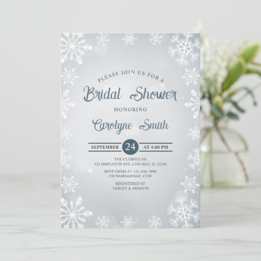Winter Snowflakes Elegant Bridal Shower Invitation Kaart (Staand voorkant)