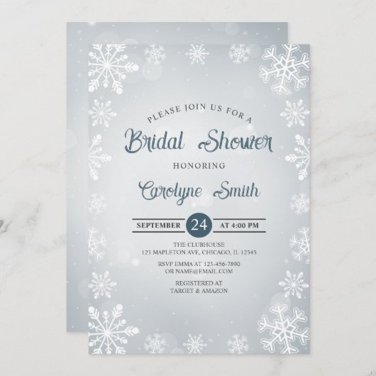 Winter Snowflakes Elegant Bridal Shower Invitation Kaart (Voorkant / Achterkant)