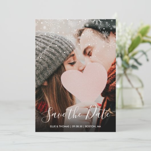 Winter Snowflakes Elegant Script Foto Save The Date (Staand voorkant)