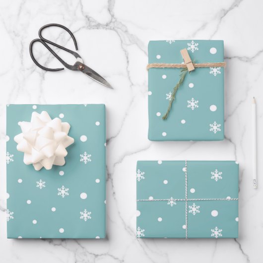 Winter Snowflakes en Polka Dots Pattern in Blauwgr Inpakpapier Vel (Voorkant)