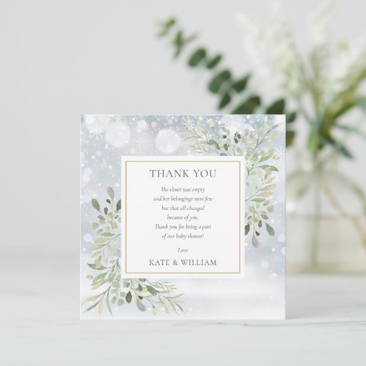 Winter Snowflakes Greenery Baby shower Poem Bedankkaart (Staand voorkant)