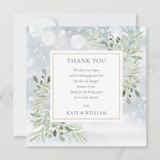 Winter Snowflakes Greenery Baby shower Poem Bedankkaart (Voorkant)