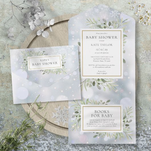 Winter Snowflakes Greenery Foliage Baby shower All In One Uitnodiging