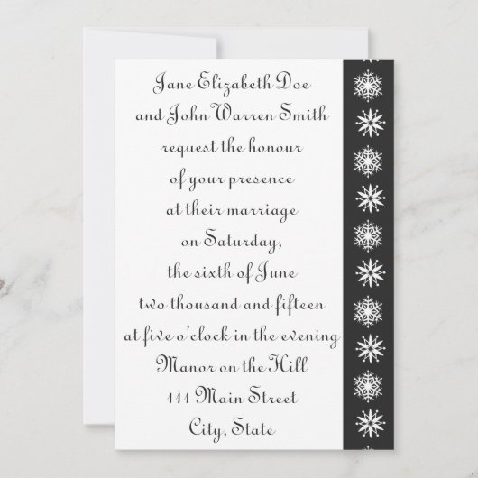 Winter Snowflakes in Black Wedding Invitation Kaart (Voorkant)