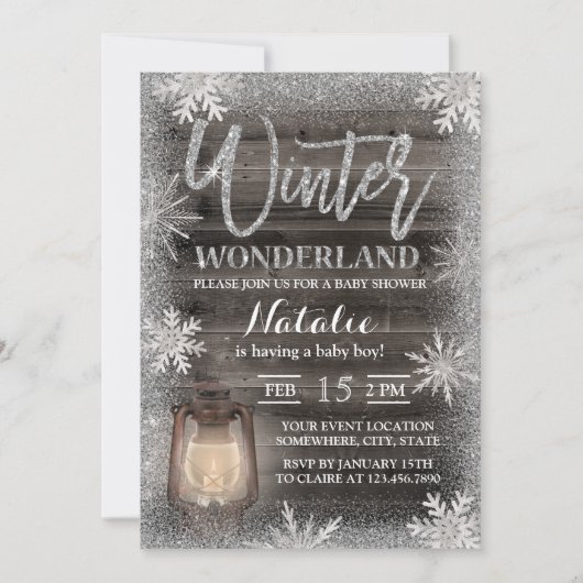 Winter Snowflakes & Lantern Barn Wood Baby shower Kaart (Voorkant)