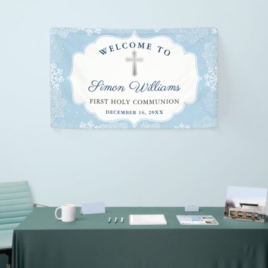 Winter Snowflakes Light Blue First Heilige Communi Spandoek (Beurs)