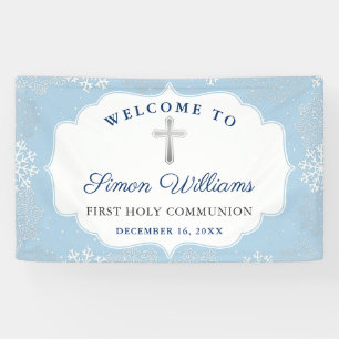 Winter Snowflakes Light Blue First Heilige Communi Spandoek