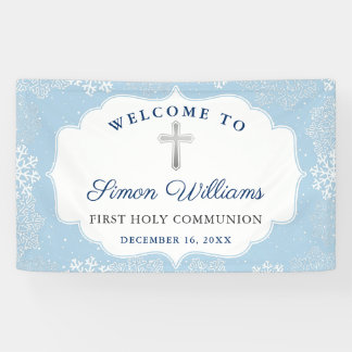 Winter Snowflakes Light Blue First Heilige Communi Spandoek