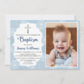 Winter Snowflakes Light Blue Silver Baptism Foto Kaart (Voorkant)