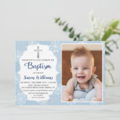 Winter Snowflakes Light Blue Silver Baptism Foto Kaart (Staand voorkant)