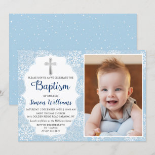 Winter Snowflakes Light Blue Silver Baptism Foto Kaart