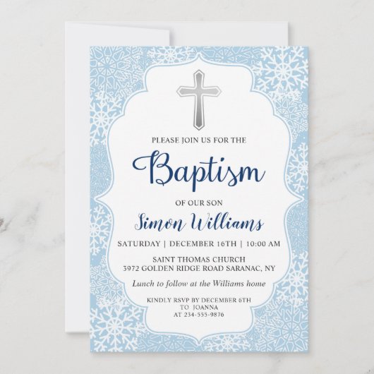 Winter Snowflakes Light Blue Silver Boy Baptisme Kaart (Voorkant)