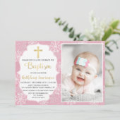 Winter Snowflakes Light roze Gold Baptism foto Kaart (Staand voorkant)