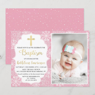 Winter Snowflakes Light roze Gold Baptism foto Kaart