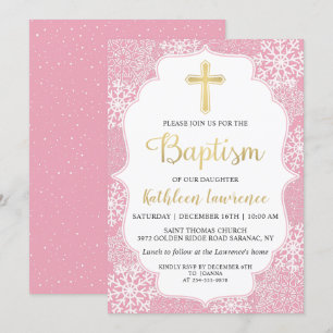 Winter Snowflakes Light roze Gold Girl Baptisme Kaart