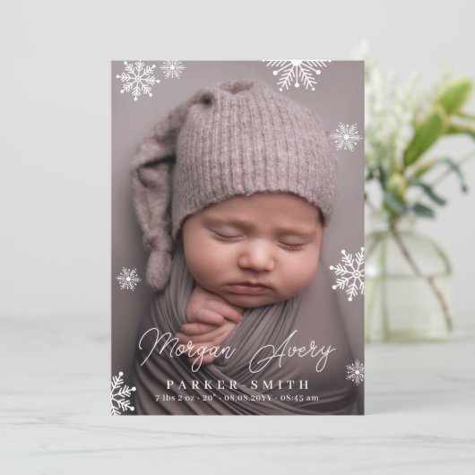 Winter Snowflakes Naam Handtekenscript Nieuwe baby Aankondiging (Staand voorkant)