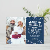 Winter Snowflakes Navy Blue Merry-kerstfoto Feestdagenkaart (Staand voorkant)