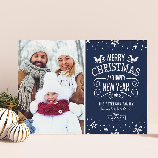 Winter Snowflakes Navy Blue Merry-kerstfoto Feestdagenkaart