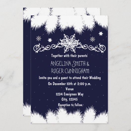 Winter Snowflakes & Pine Tree Huwelijksuitnodiging Kaart (Voorkant / Achterkant)