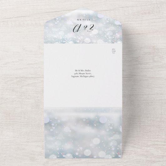 Winter Snowflakes QR Code Script Hartjes Bruiloft All In One Uitnodiging (Buitenkant)