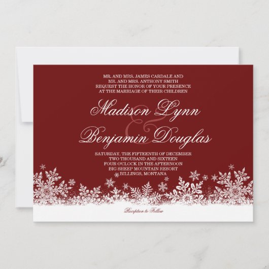 Winter Snowflakes Red Holiday Wedding Invitations Kaart (Voorkant)
