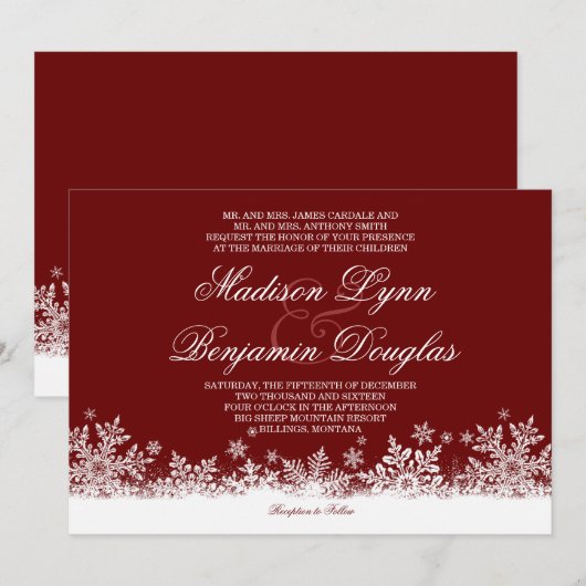 Winter Snowflakes Red Holiday Wedding Invitations Kaart (Voorkant / Achterkant)