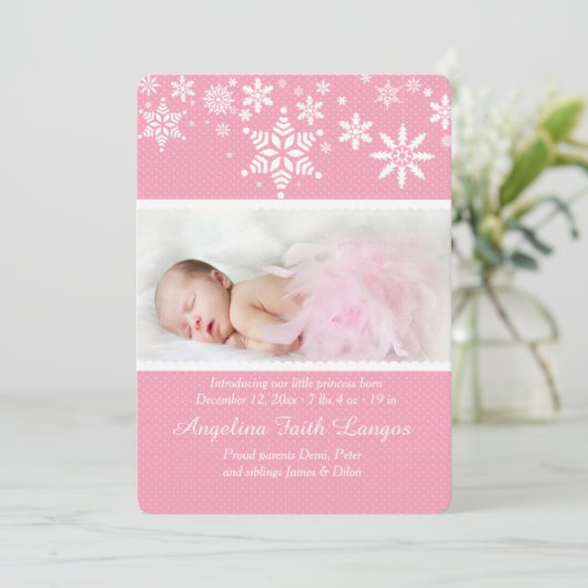 Winter Snowflakes Roze aankondiging (Staand voorkant)
