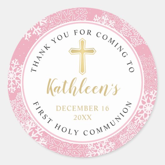 Winter Snowflakes Roze Gold First Heilige Communie Ronde Sticker (Voorkant)