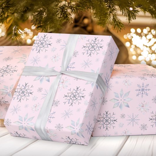 Winter Snowflakes Roze kerstpapier Cadeaupapier