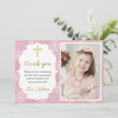 Winter Snowflakes Roze meisje Eerste communiqué fo Bedankkaart (Staand voorkant)