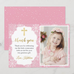 Winter Snowflakes Roze meisje Eerste communiqué fo Bedankkaart