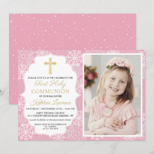 Winter Snowflakes Roze meisje Eerste communiqué fo Kaart