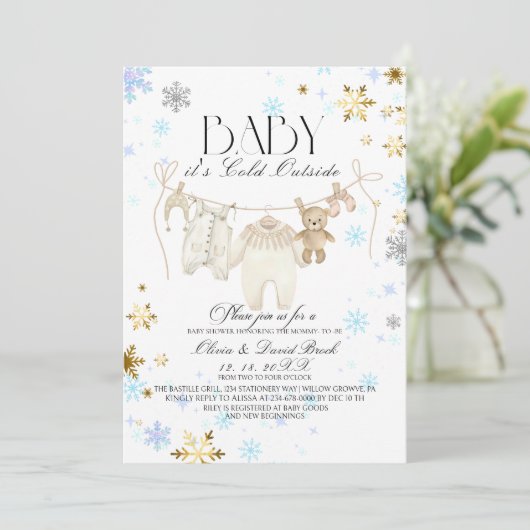 Winter Snowflakes Silver and Gold  Baby Shower  Kaart (Staand voorkant)